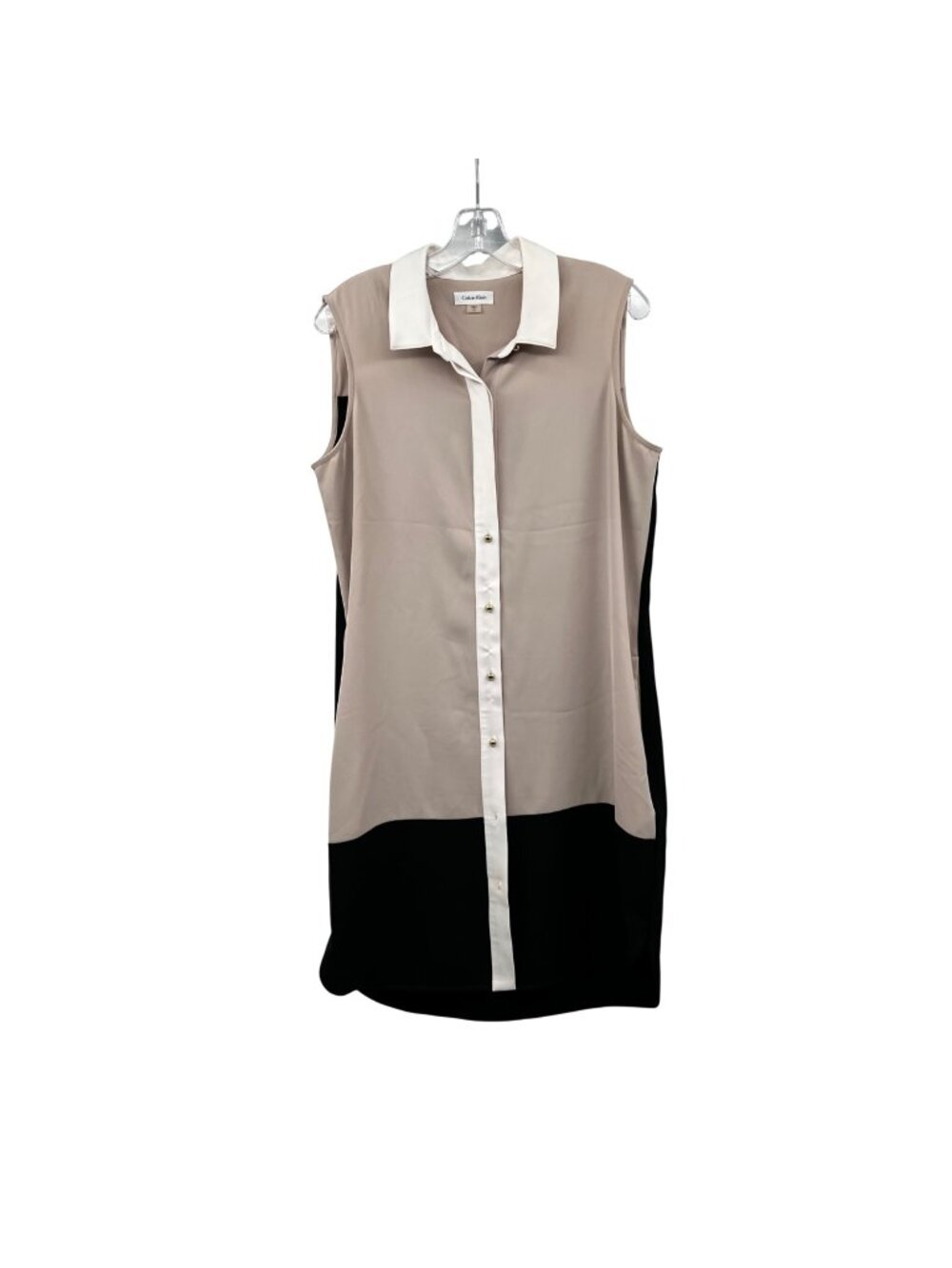Calvin Klein Midi Shirt Dress Sleeveless Beige/Multi Colorblock Sz 14 Button Up